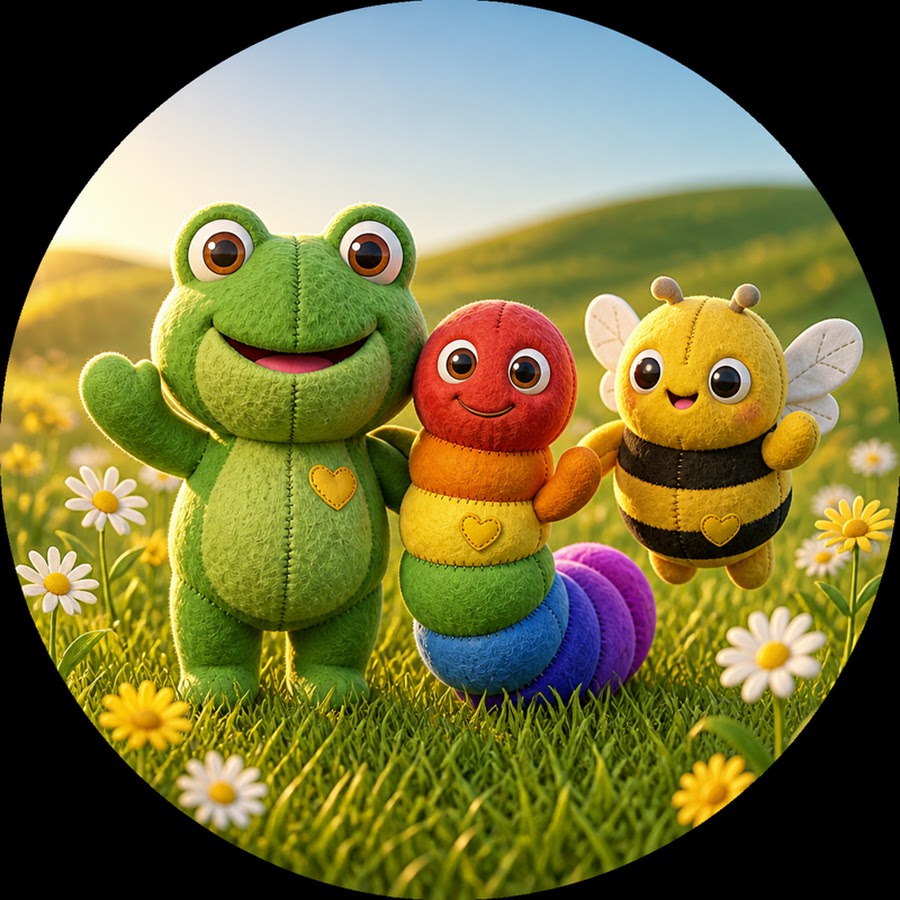 Hop, Wiggle, and Buzz together — plush friends with yellow hearts