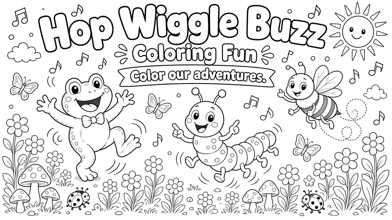 Hop Wiggle Buzz Coloring Book cover — soft meadow colouring pages